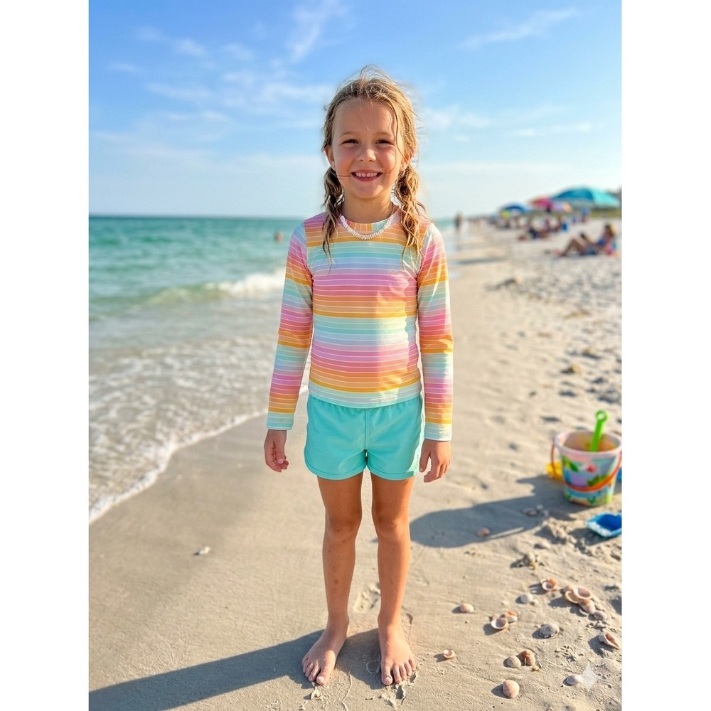 Hanna Andersson Girls Pastel Rainbow Stripe Long Sleeve Rash Guard Swim Top 12